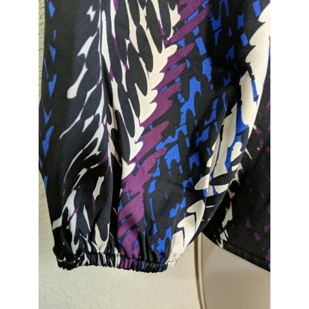 MARC NEW YORK Black Purple Blue Print Faux Wrap Blouse Hi Low Hem Size Small NWT - Picture 5 of 8